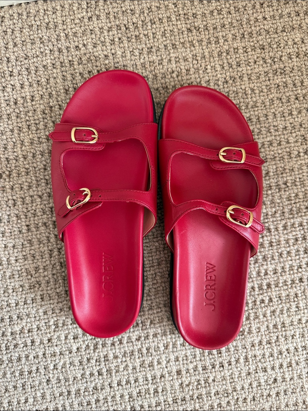 J. Crew Vibrant Red Double-Buckle Leather Slide Sandals